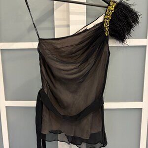 Bebe half shoulder jeweled feathered shirt